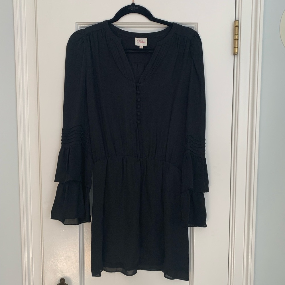 Parker Flare Sleeve Black Silk Mini Dress XS
